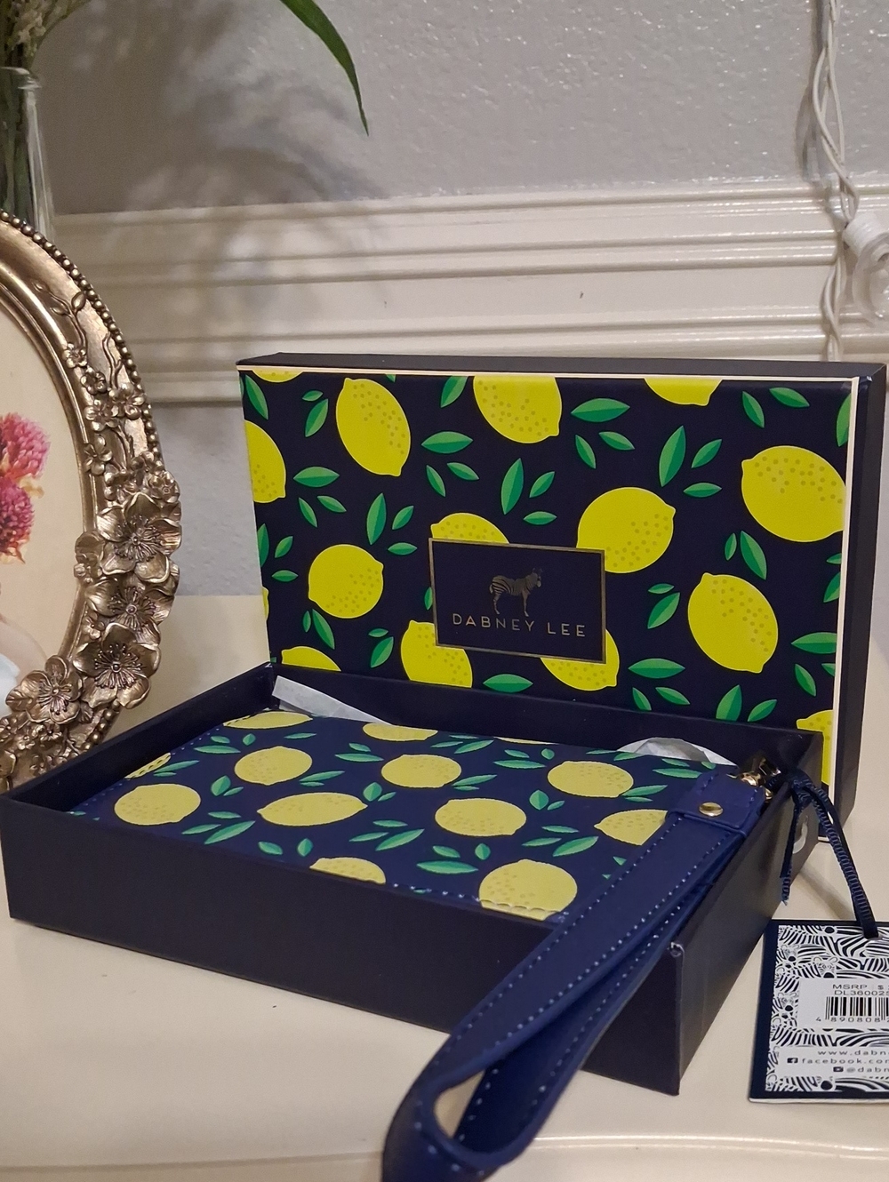 Dabney Lee Navy Wristlet with Yellow Lemon Print